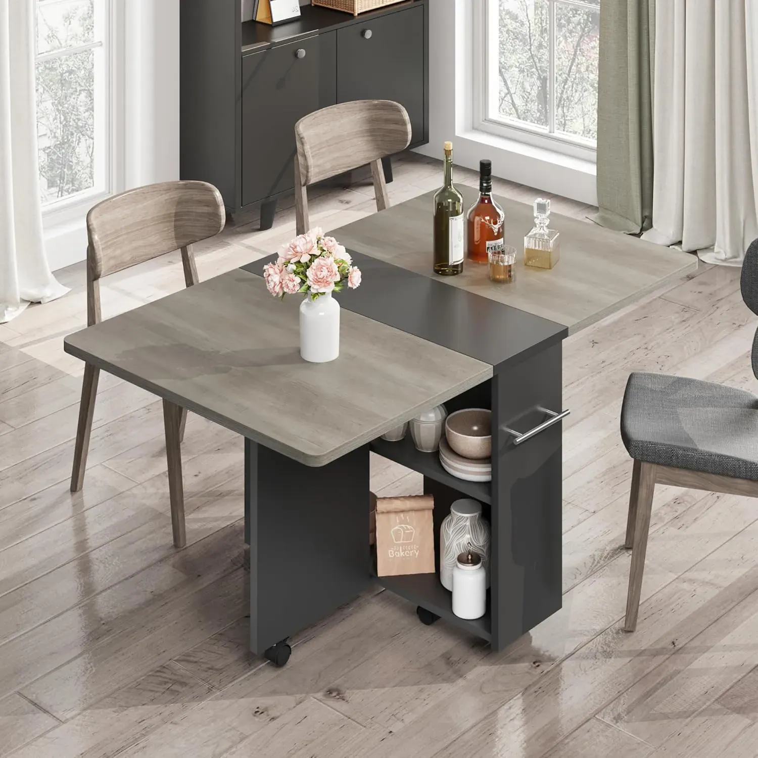 Extendable Drop-Leaf Dining Table with Two-Tier Storage, Grey, 47.2 in